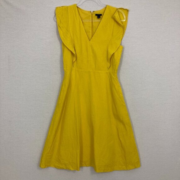 Ann Taylor Yellow V Neck Ruffle Sleeve Linen Lyocell Flare Dress size 2 Preppy - Picture 2 of 12